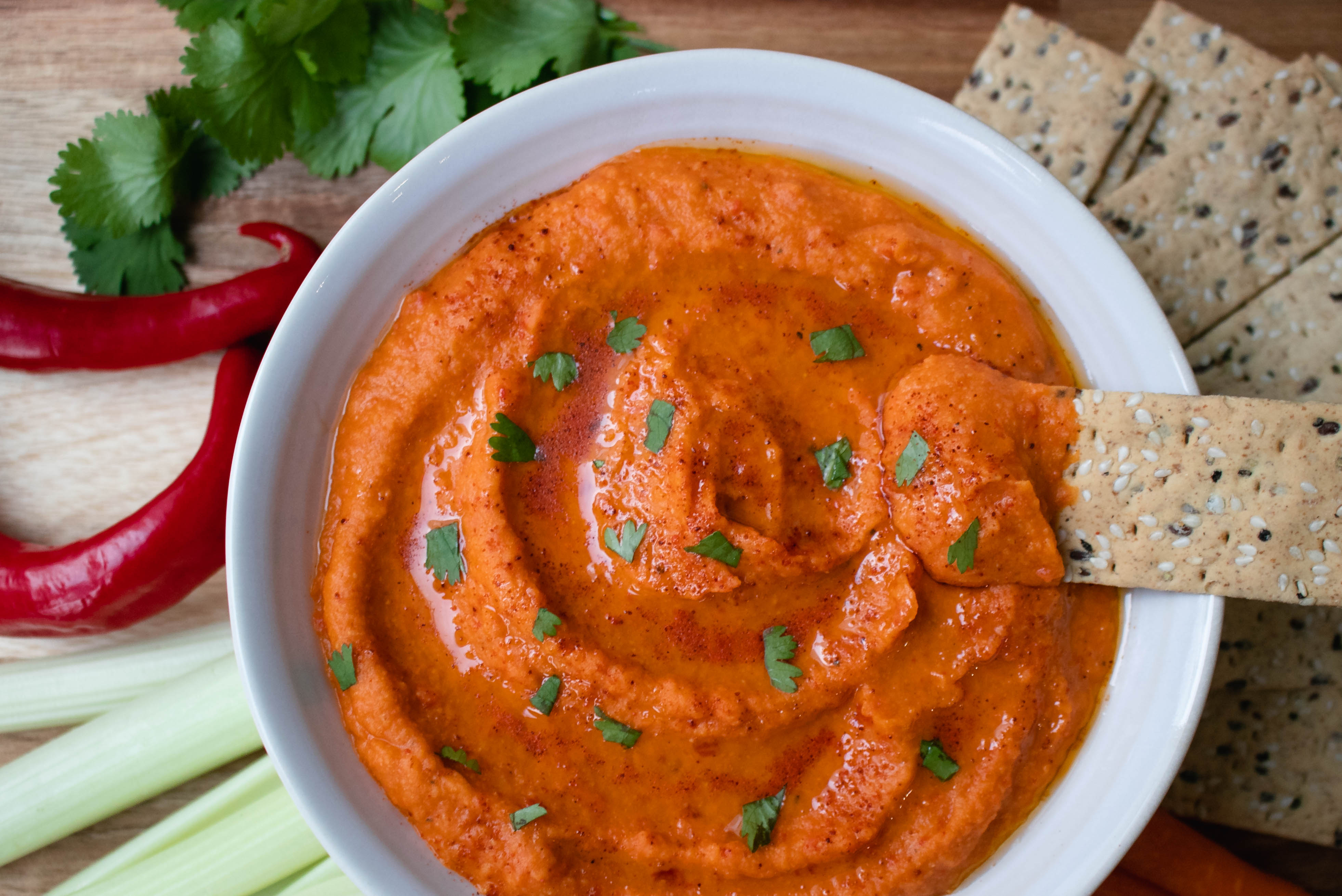 Spicy Roasted Red Pepper Hummus - The Delicious plate