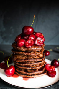 Healthy Chocolate Cherry Pancakes with Cherry Syrup