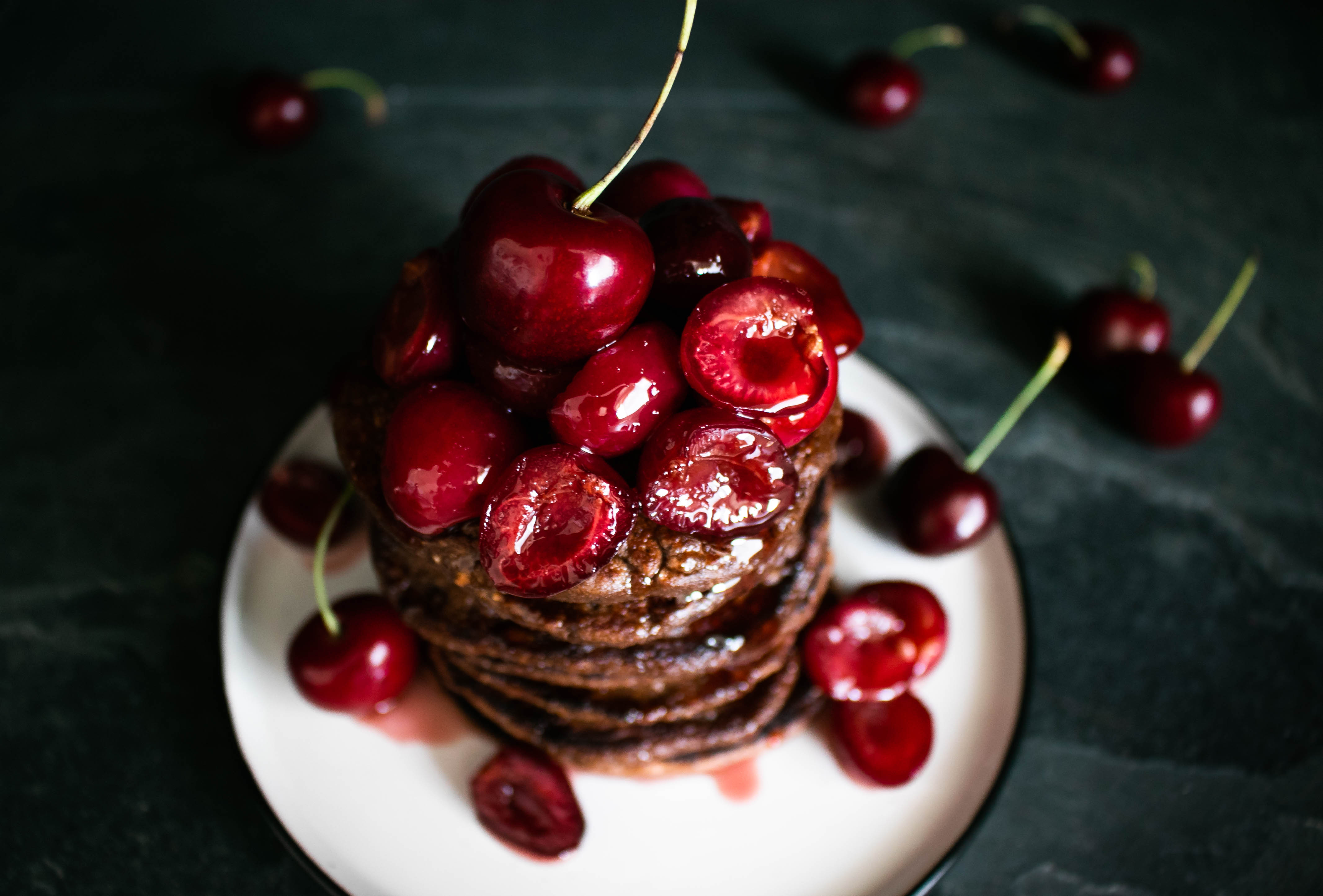 Healthy Chocolate Cherry Pancakes with Cherry Syrup