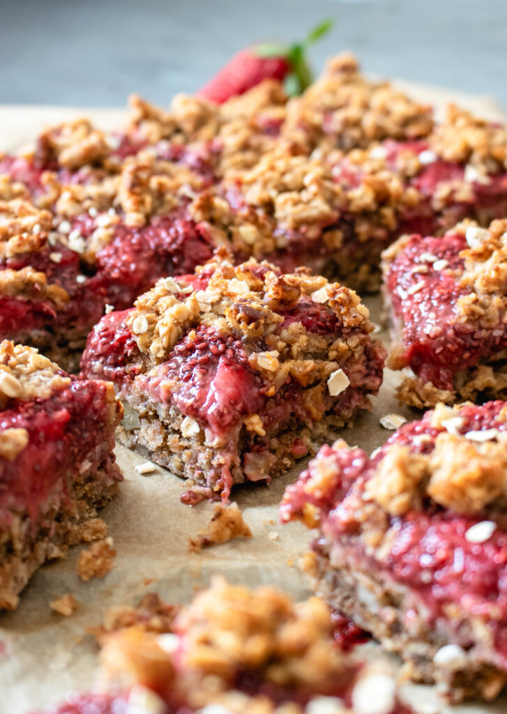 The oatmeal bars cut into pieces.
