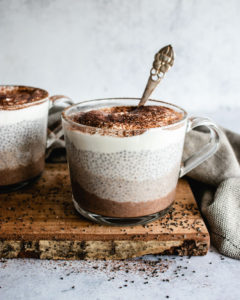Tiramisu Chia Pudding served with a dusting of cocoa powder