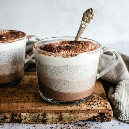 Tiramisu Chia Pudding served with a dusting of cocoa powder