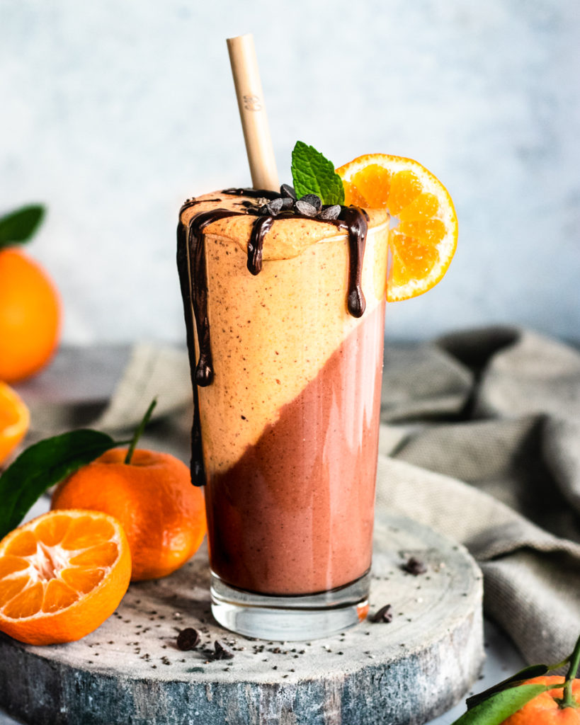 Clementine Chocolate Vegan Smoothie topped with chocolate sauce