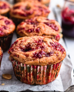 swirled top of Vegan Peanut Butter and Jelly Muffins