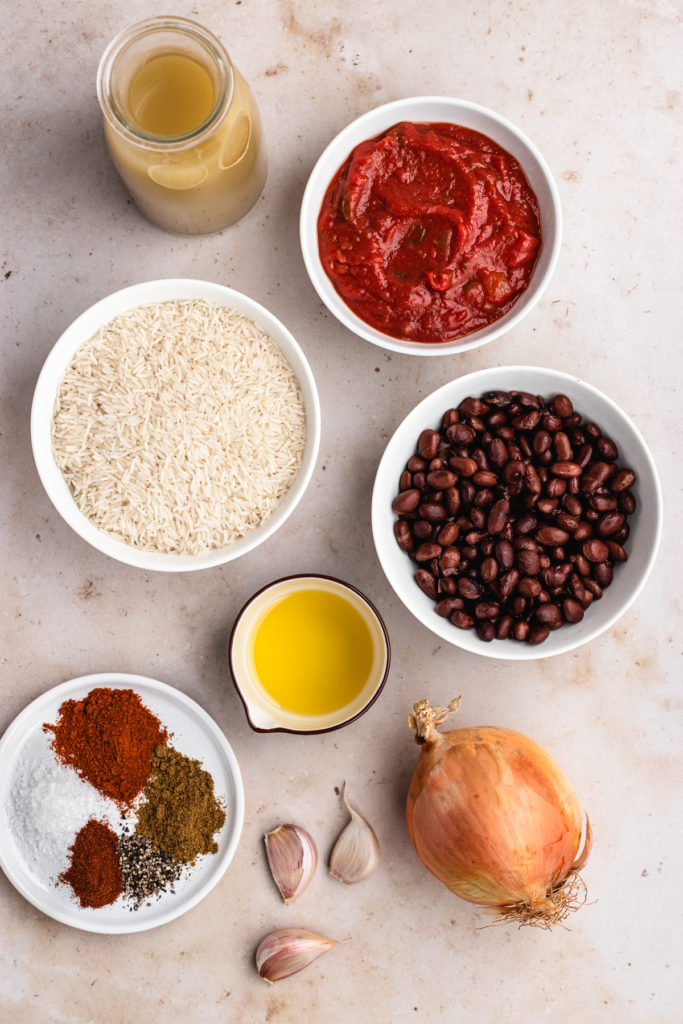 Ingredients for vegan Mexican rice and beans also known as Spanish rice