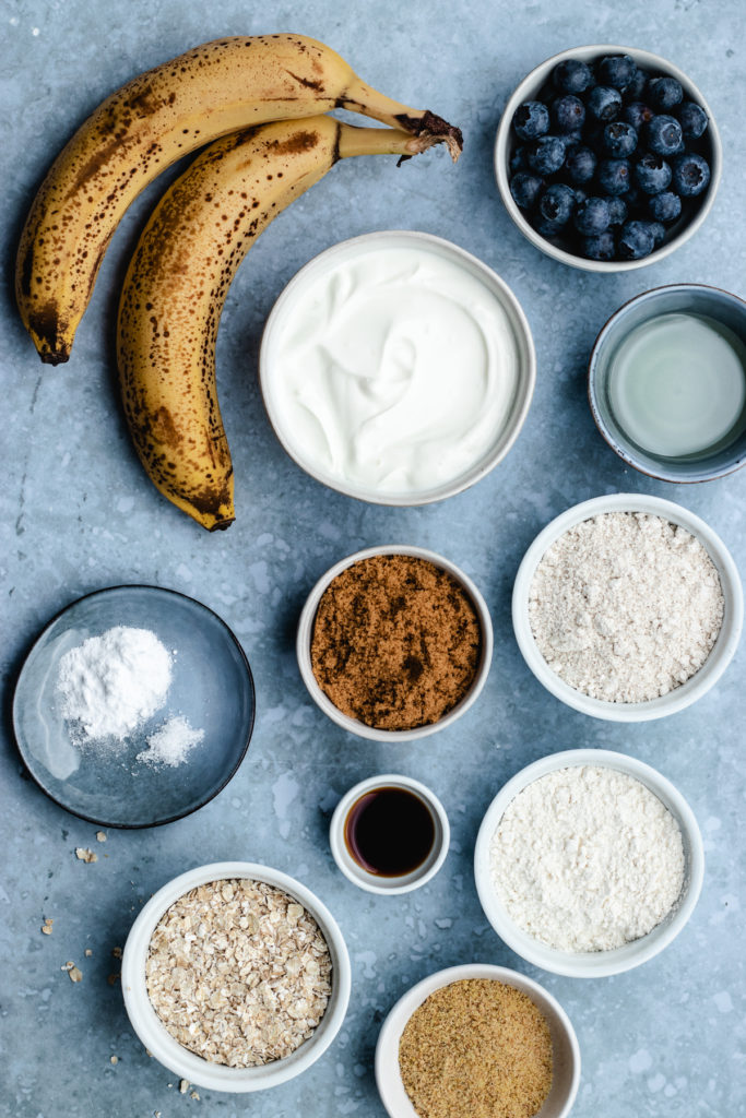 Ingredients to make these Banana blueberry oatmeal muffins.