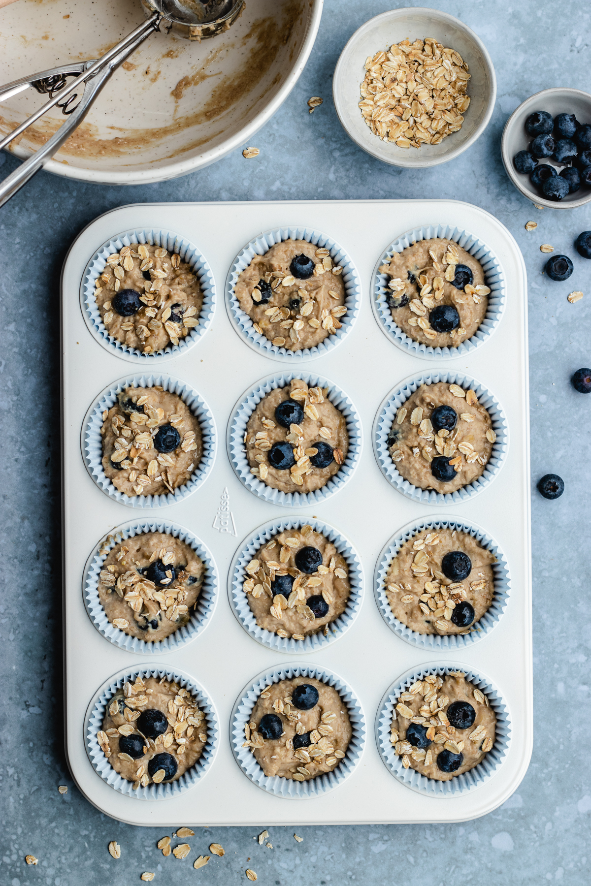 Banana blueberry oatmeal muffins ready for the oven.