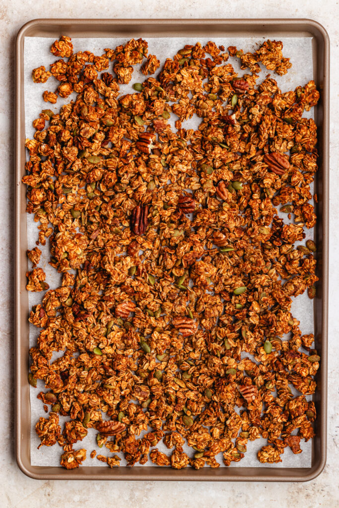 The granola on a baking tray.