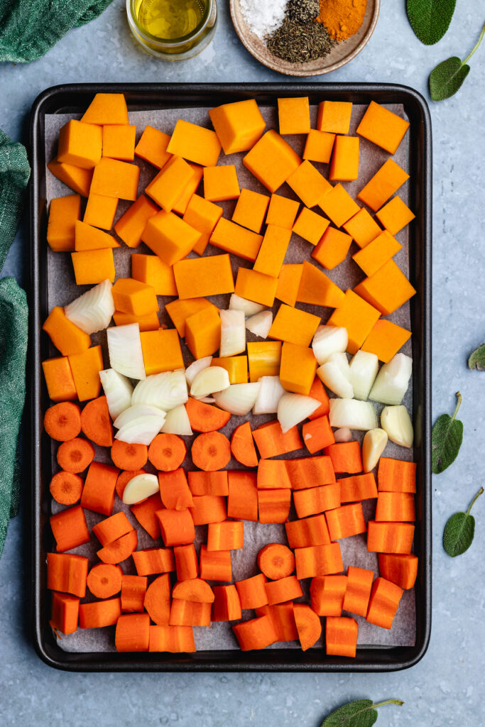 Step 1, veggies on a baking tray.