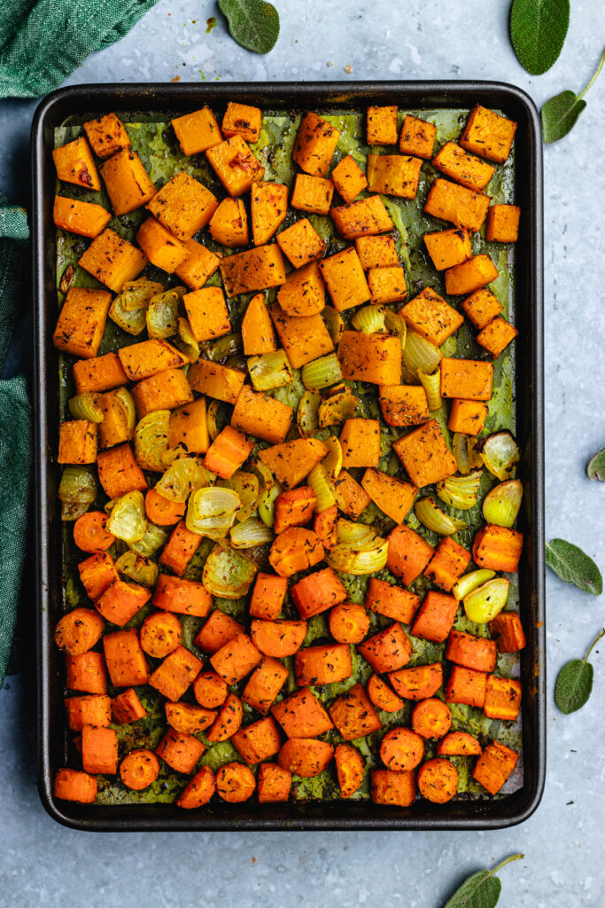 Step 4, the roasted veggies on the baking tray.