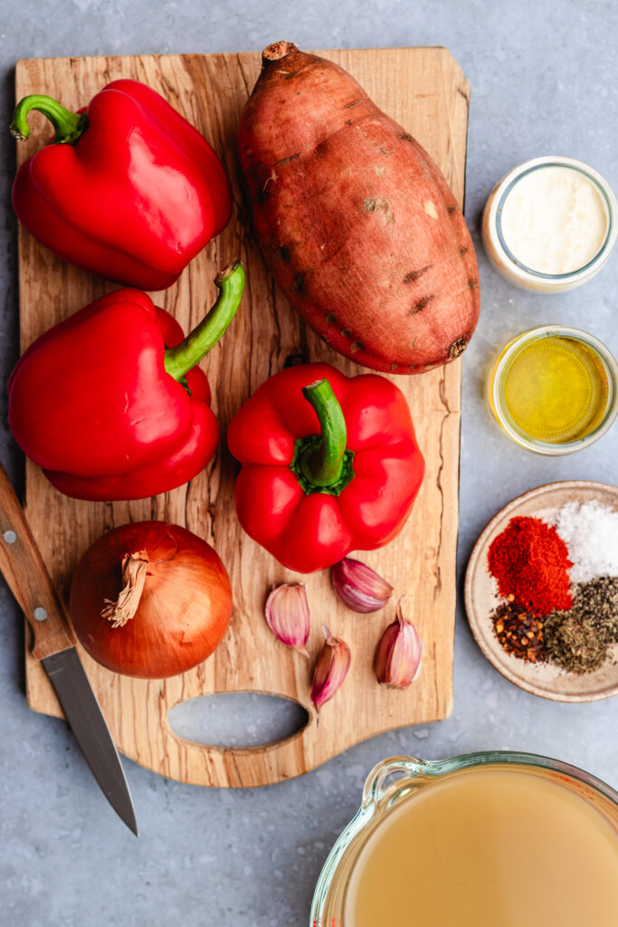 All the ingredients for this Roasted sweet potato and red pepper soup.
