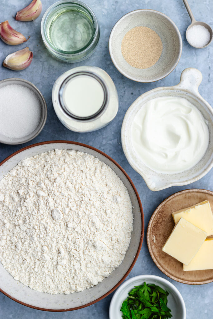 The ingredients needed to make this Vegan Naan Bread.