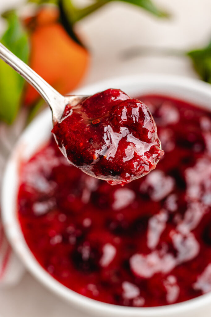 Cranberry sauce on a spoon.