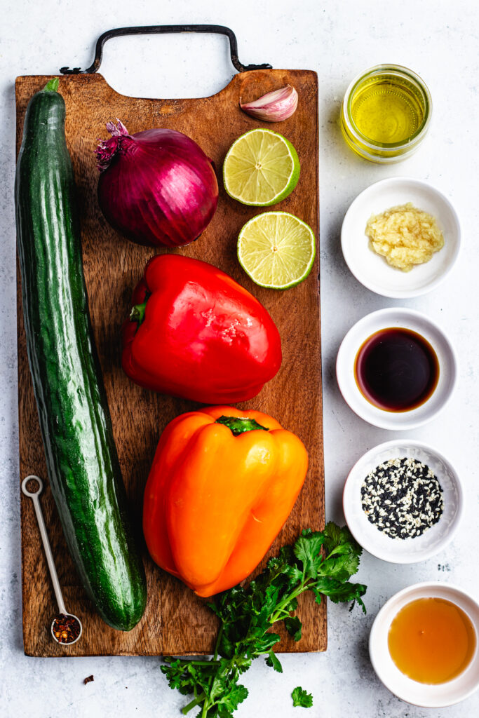 The ingredients on a cutting board and in small bowls.