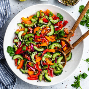 The salad in a salad bowl topped with fresh coriander.