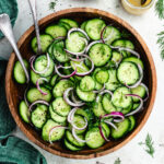 The salad in a wooden bowl.