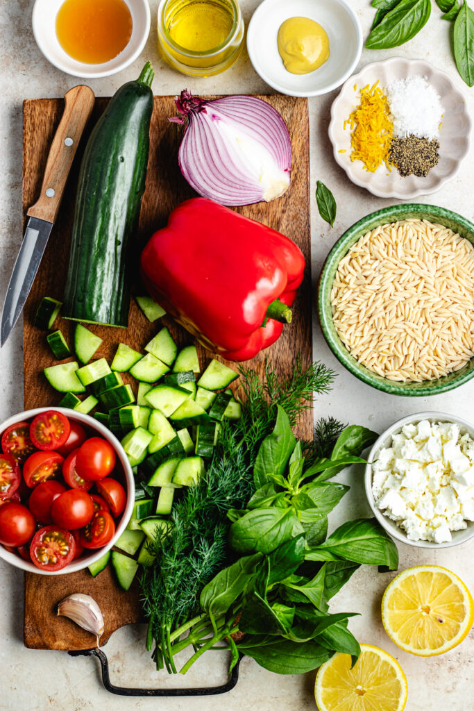 The ingredients on a cutting board and in small bowls.