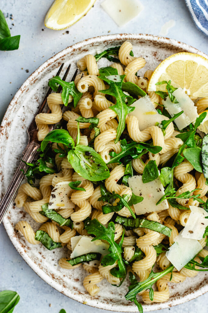 The pasta salad on a small plate.