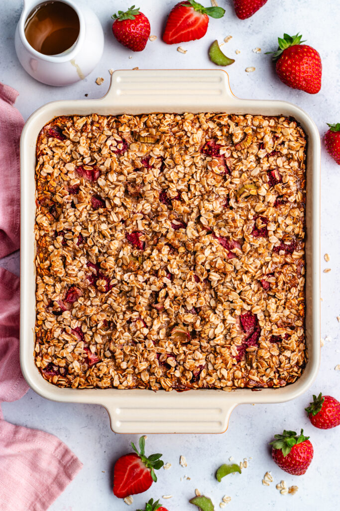 The baked oatmeal in the baking dish. 