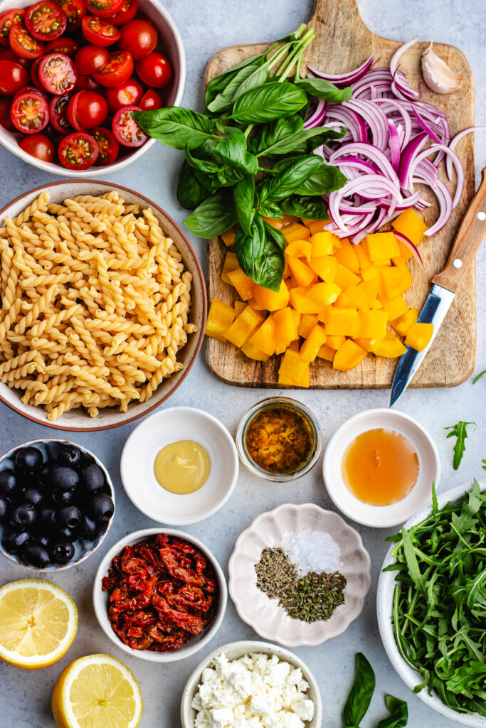 The ingredients on a cutting board and in small bowls.