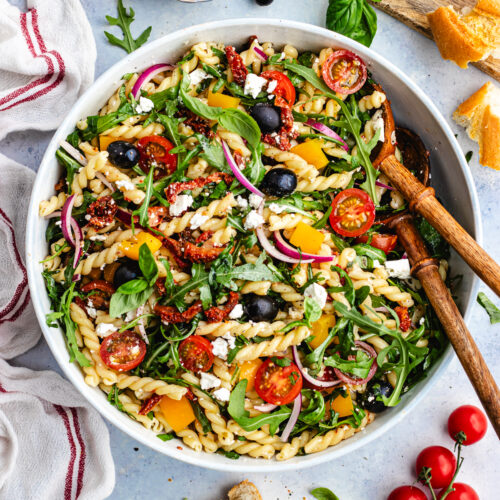 The pasta salad in a large bowl.