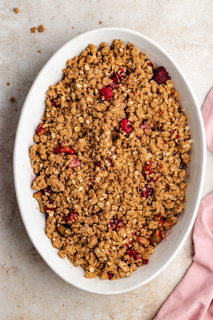 The crumble ready to go in the oven. 