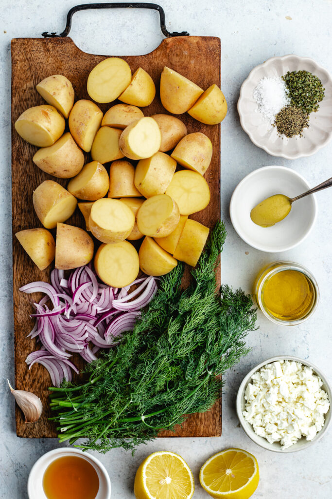 The ingredients on a cutting board and in small bowls.