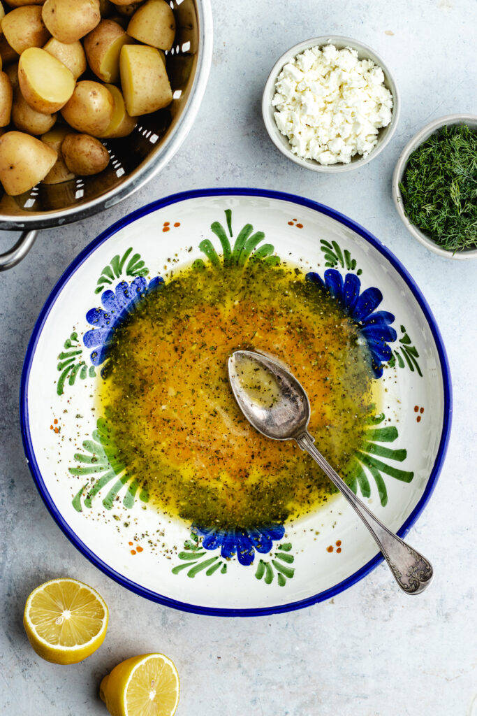The dressing in a serving bowl.