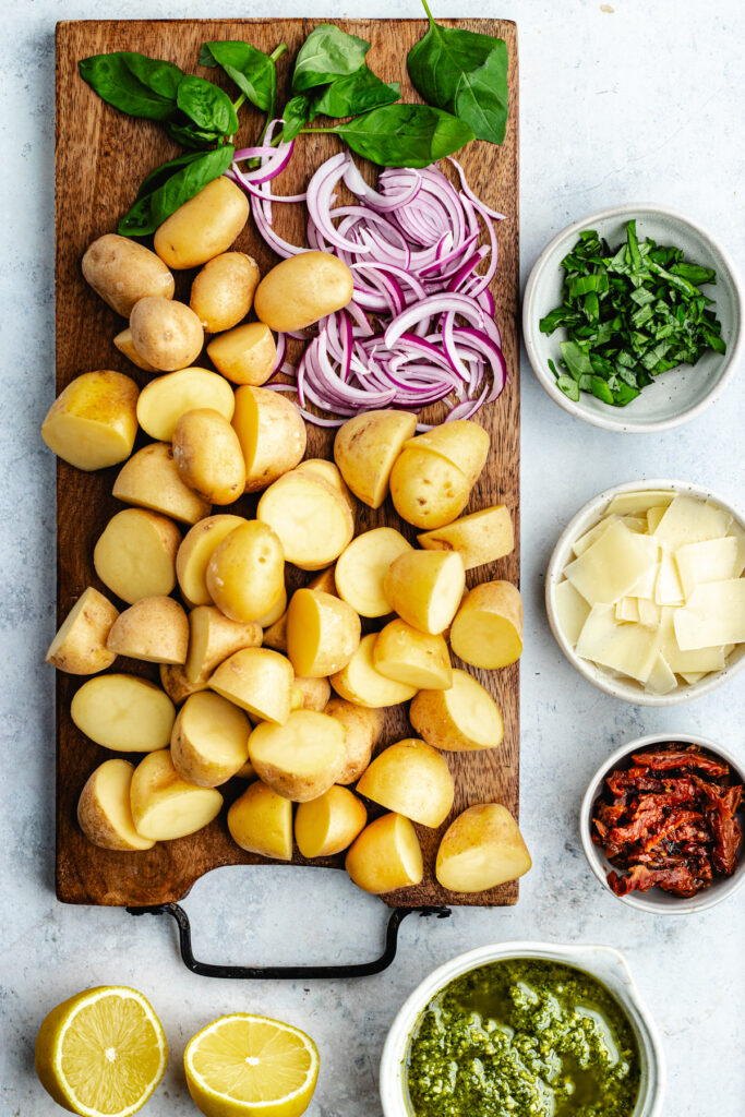 The ingredients on a cutting board and in small bowls. 