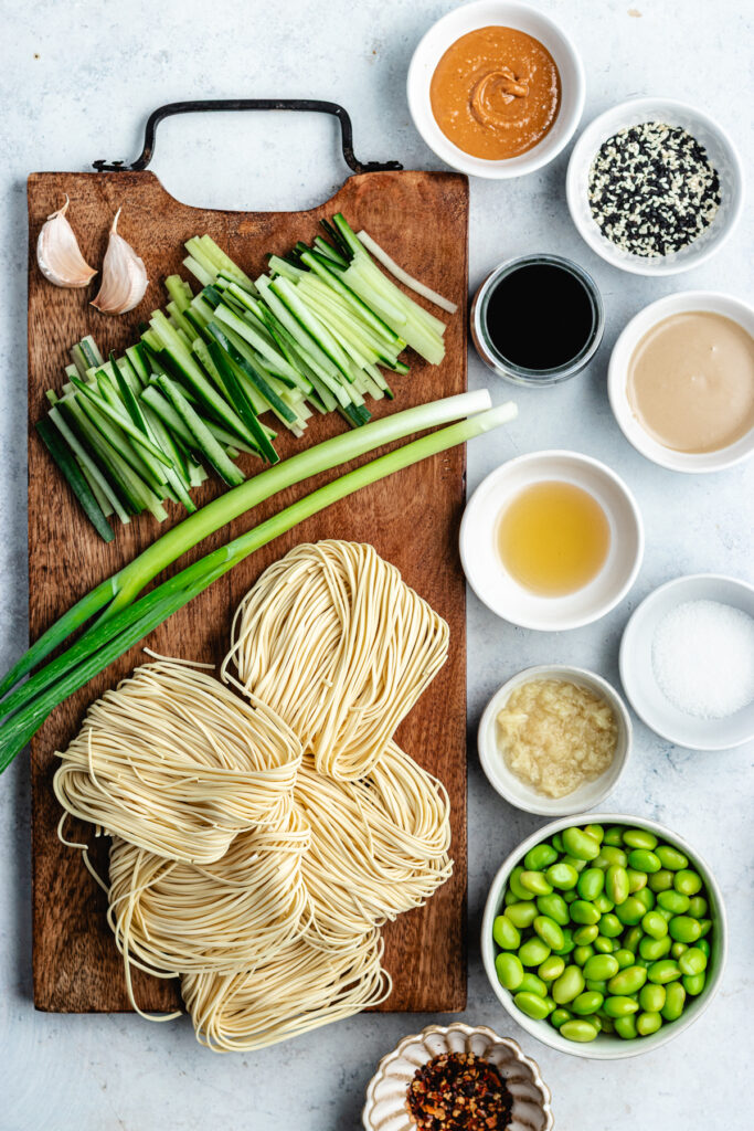 The ingredients on a cutting board and in small bowls. 