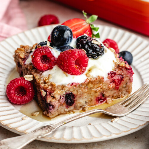 The baked oatmeal topped with yoghurt and fresh berries.