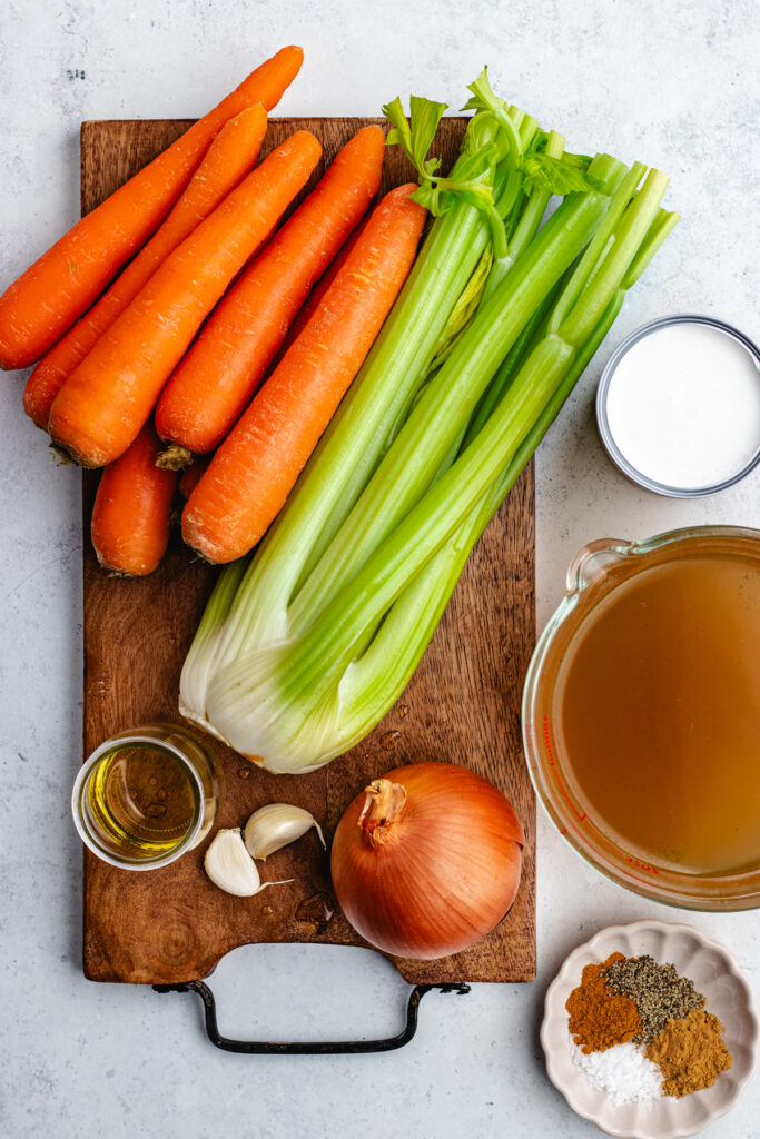 The ingredients on a cutting board and in bowls.