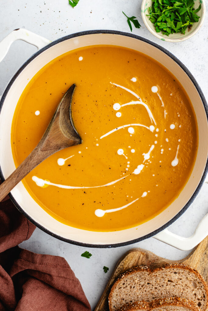 The blended soup in the pot.