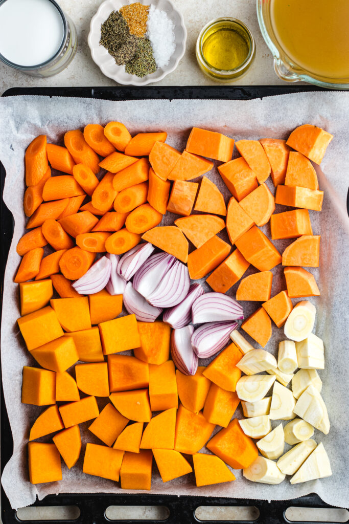 The chopped vegetables on a sheet pan.