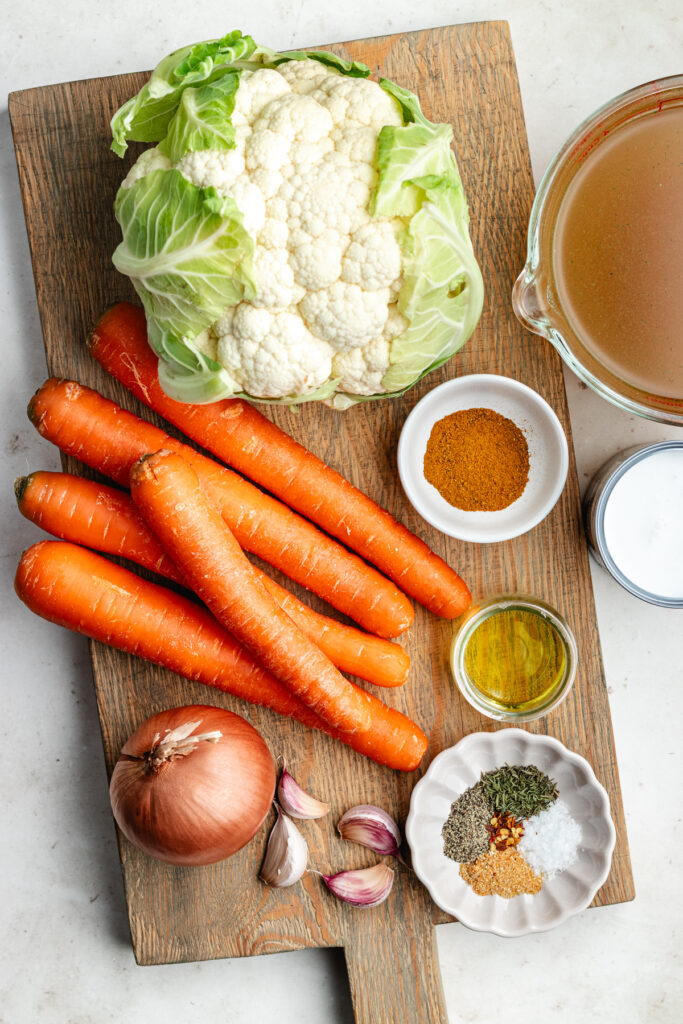 The ingredients on a cutting board and in bowls.