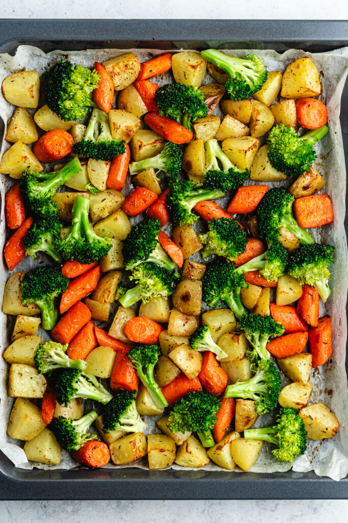 The veggies on the sheet pan.