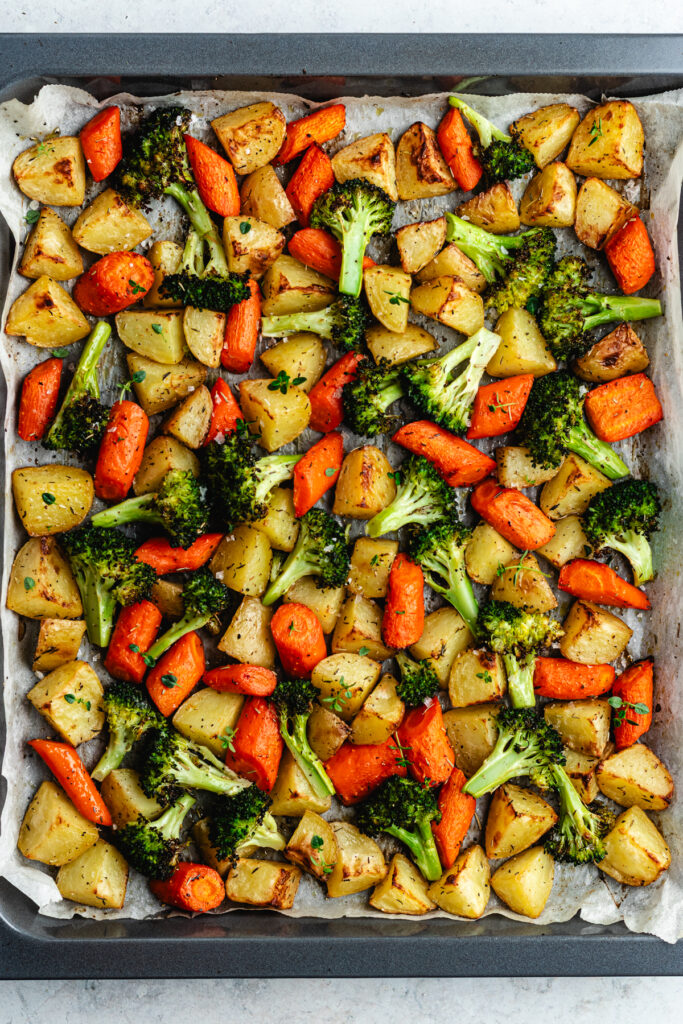 The baked veggies on the sheet pan.