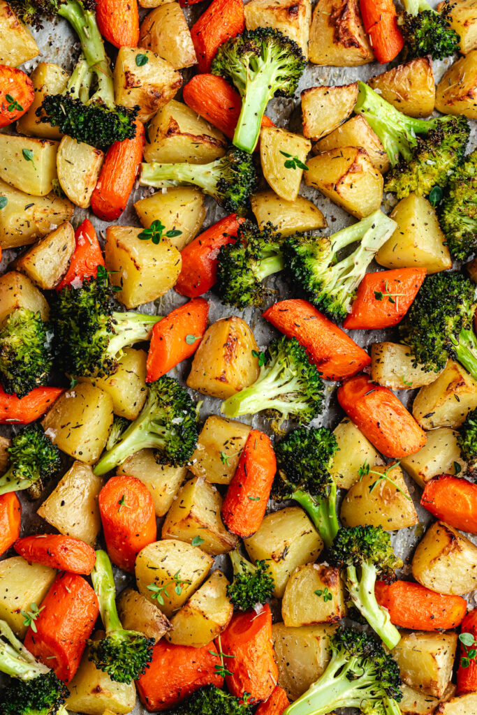 The baked veggies on the sheet pan.