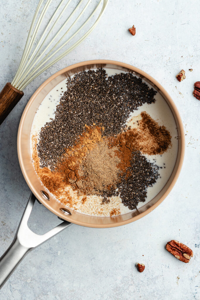 The ingredients for the chia pudding in the sauce pan.