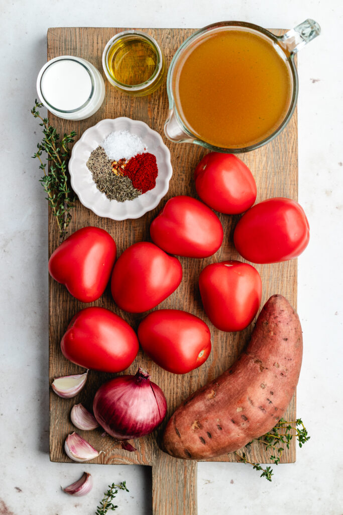 The ingredients on a wooden cutting board.