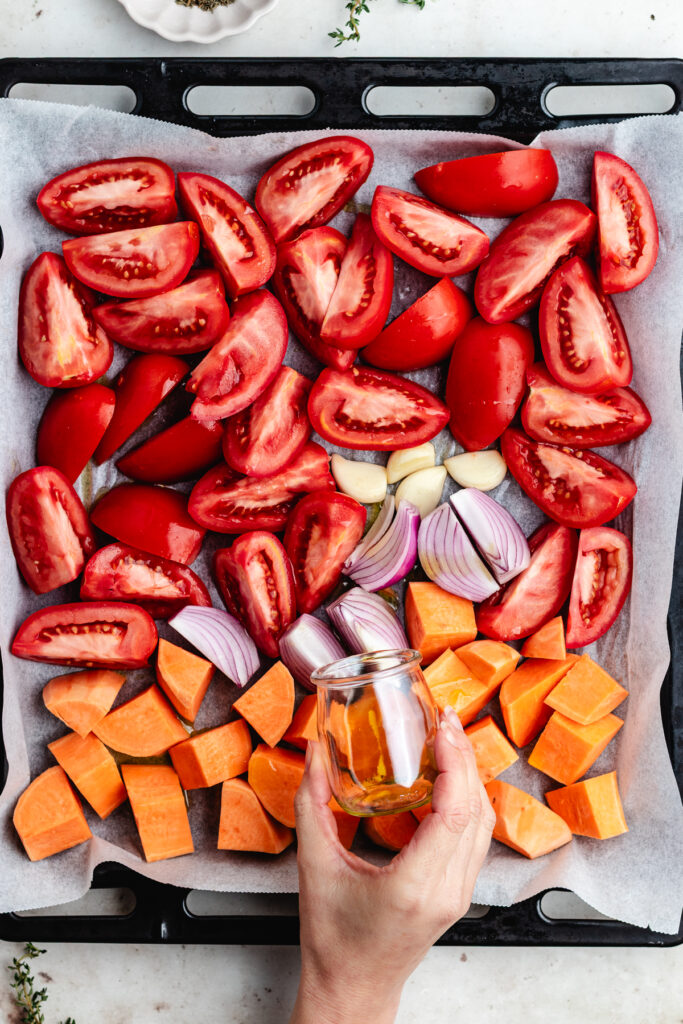 The veggies on the sheet pan.