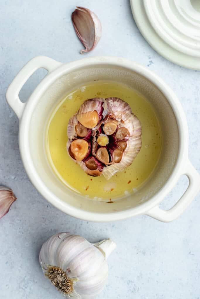 The roasted garlic in the pot.