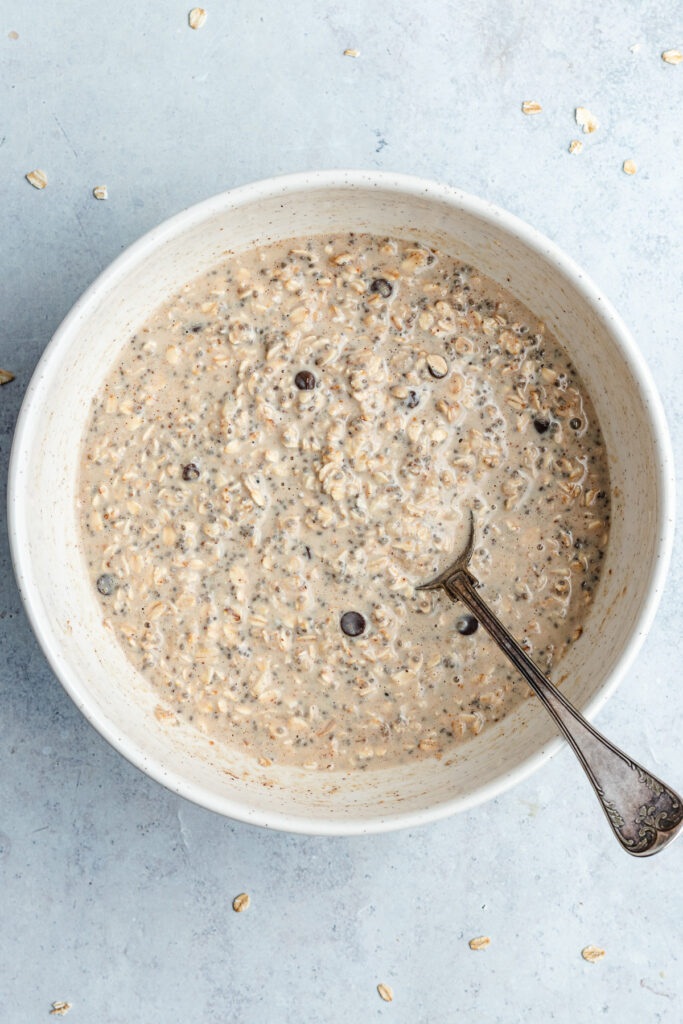 The overnight oats in a bowl before going into the fridge to set.