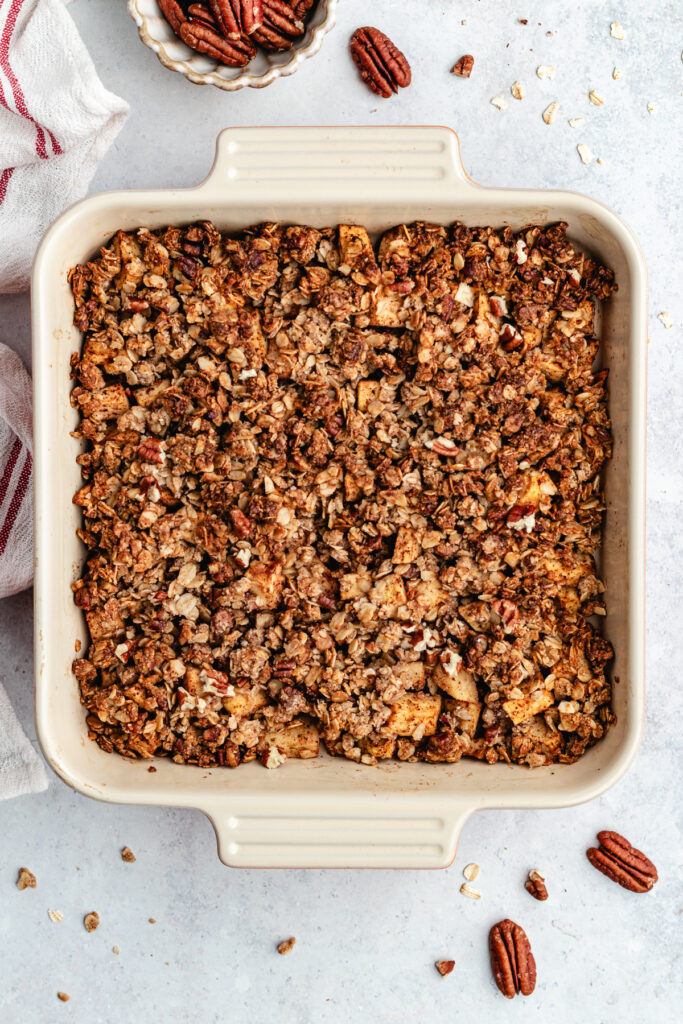The baked apple crisp in the baking dish.