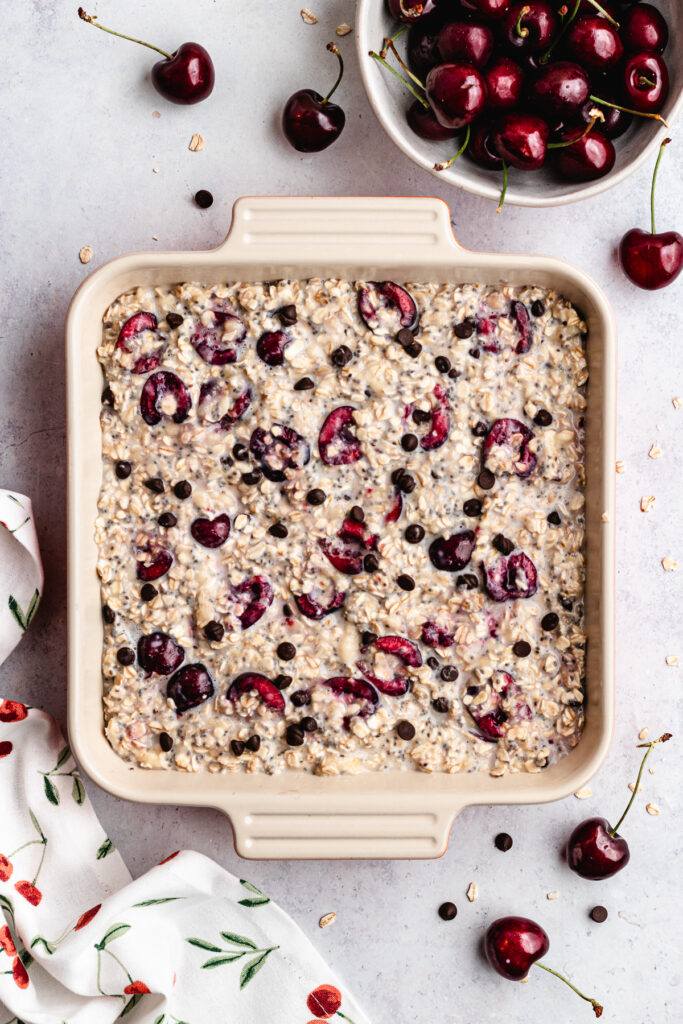 The oat mixture in the baking tray.