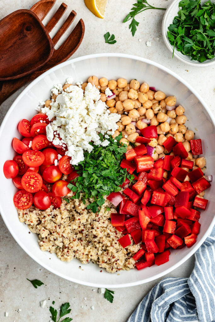 All the ingredients in the salad bowl.
