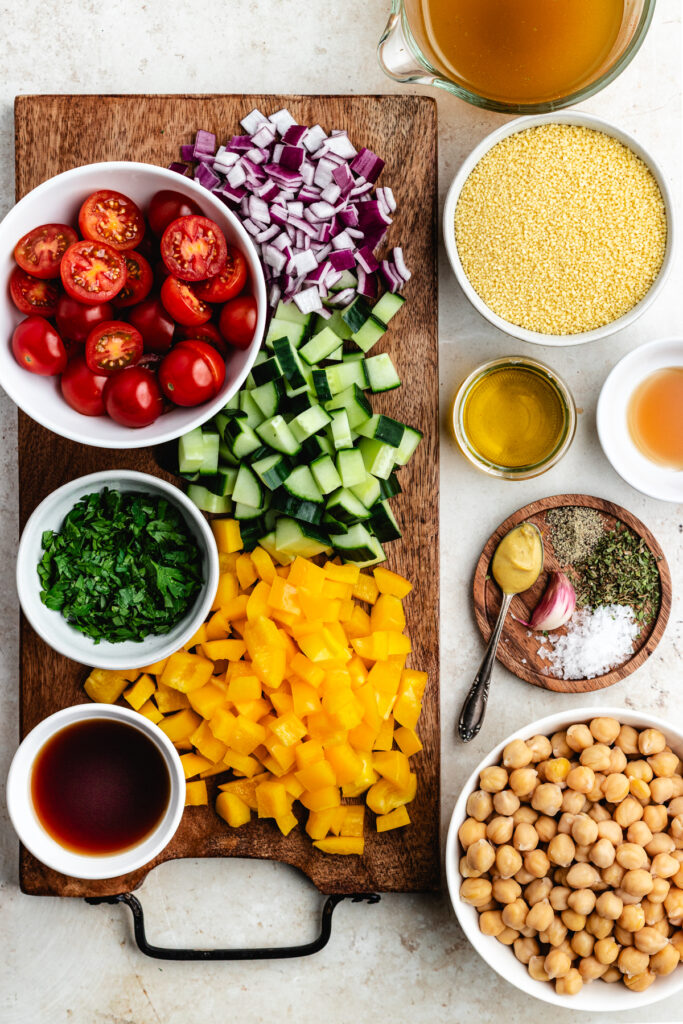The ingredients on a cutting board and in small bowls.