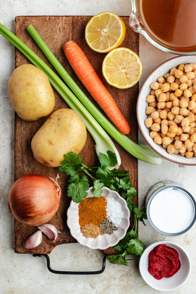 The ingredients on a cutting board and in bowls.