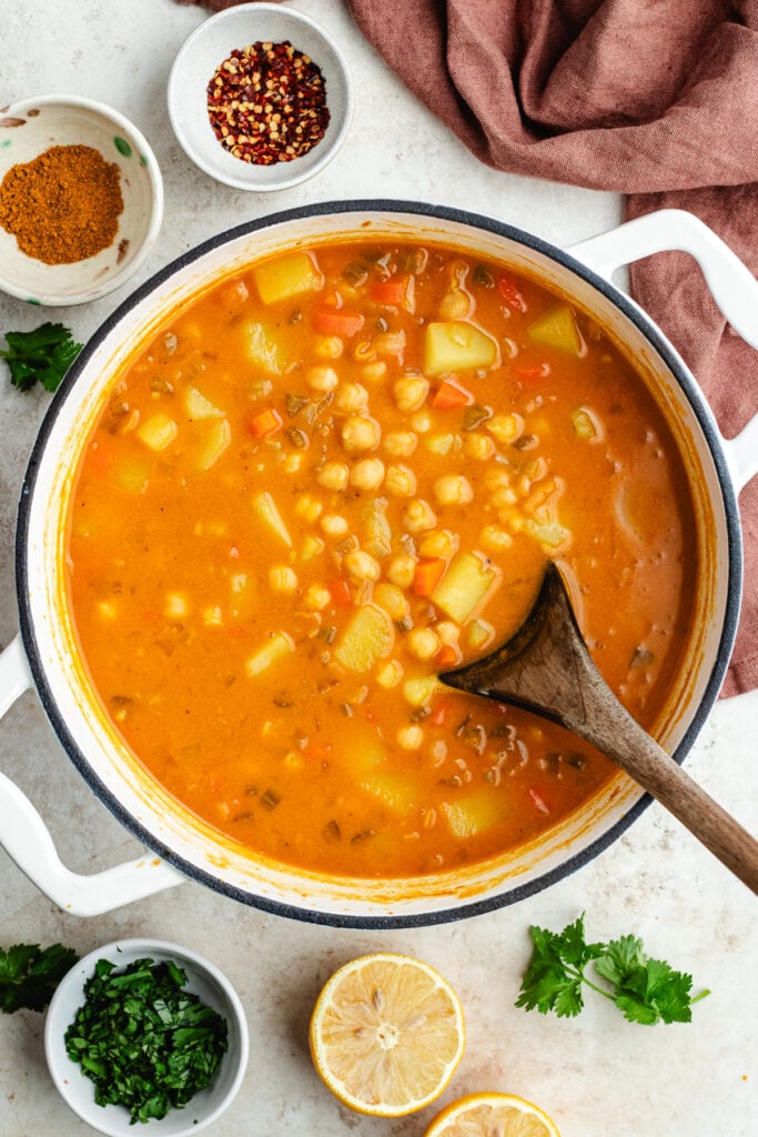 The soup after being cooked in a Dutch oven pot.