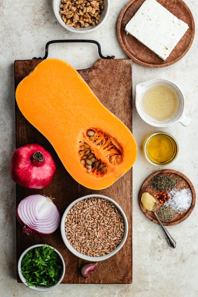 The ingredients on a cutting board and in bowls.